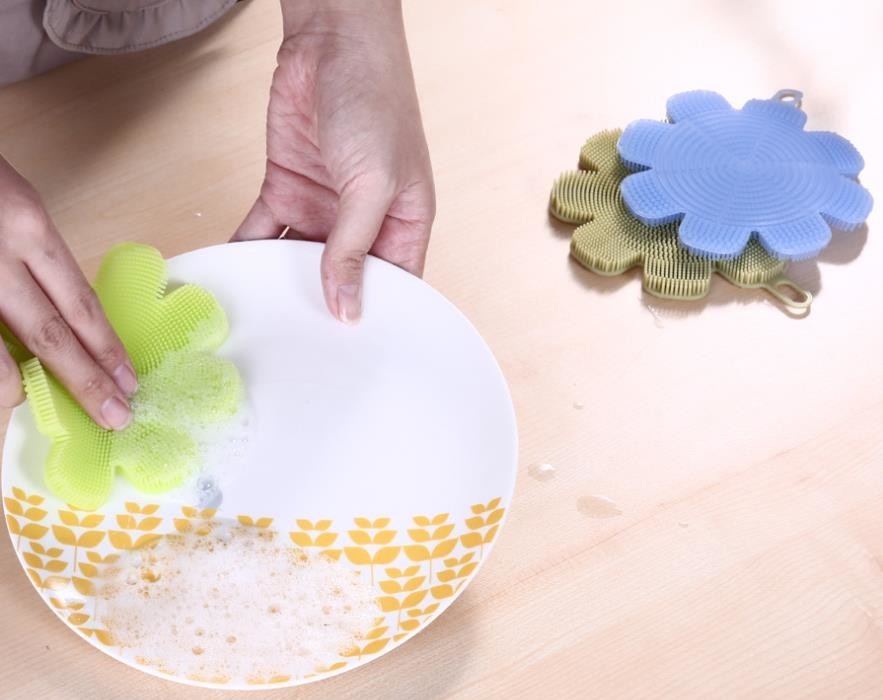 Esponja da escova da lavagem do silicone do produto comestível da forma da flor para pratos e o fruto de limpeza
